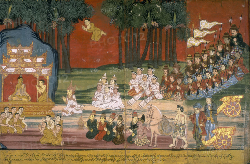 A king and his entourage kneel before Buddha, 19th century. The Buddha sits surrounded by priests or monks, with the king, his attendants and soldiers kneeling before him. Some Europeans (bottom right) have also come to witness the audience.