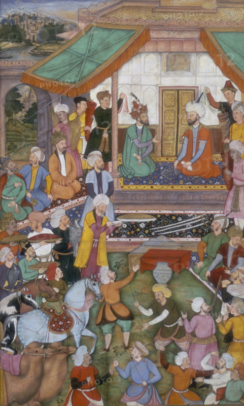 Humayun received by Shah Tahmasp, 1544, (c1603). The Shah of Persia receives Humayun, the Mughal emperor, surrounded by courtiers. Before them lie three swords and a dish of food, while servants bring more food. Other men are fighting in the foreground. From the "Akbarnameh".