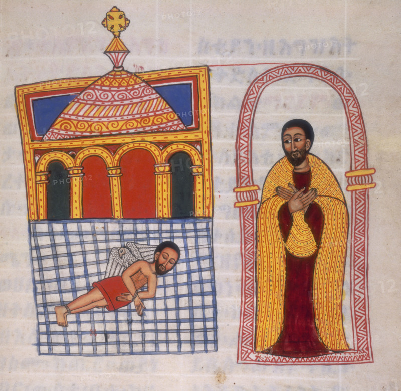 Sleeping man with bound hands and feet, c1710. A dove, possibly representing the Holy Ghost, visits the captive; another man watches from a doorway. From  "Miracles of the Virgin Mary".