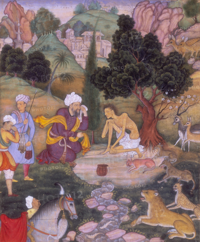 Salim telling Majnun of his mother's death, 1595. The emaciated Majnun, wearing a loincloth, is surrounded by the beasts of the forest. From the story of Layla and Majnun by Nizami.