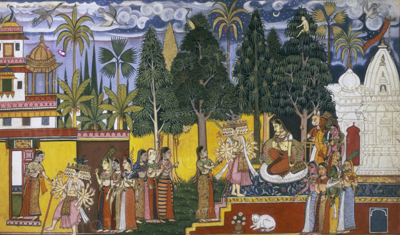 Many-headed deities, 1653. Hanuman in the Ashoka grove. From a position high in a Shingshapa tree, Hanuman observes Sita attended by a band of female titans; Ravana arrives with female attendants and begs Sita to marry him. From the Sanskrit epic "Ramayana" by Valmiki.