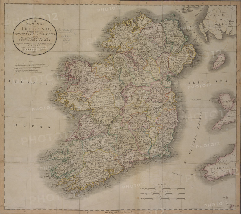 'A New Map of Ireland', 1799. 'A New Map of Ireland, divided into its Provinces and Counties; also, The Opposite Coasts of Scotland and Wales; shewing The several Ports from whence the Packets depart for Ireland. From the latest authorities. Note. The figures to the Towns denote their distance from Dublin. The Stars annexed signify Borough Towns & express the number of Members each return to the Imperial Parliament. Viz. Thirty one Towns return one Member each. Dublin and its University three, and Cork two. The thirty two Counties also return two Members each'.