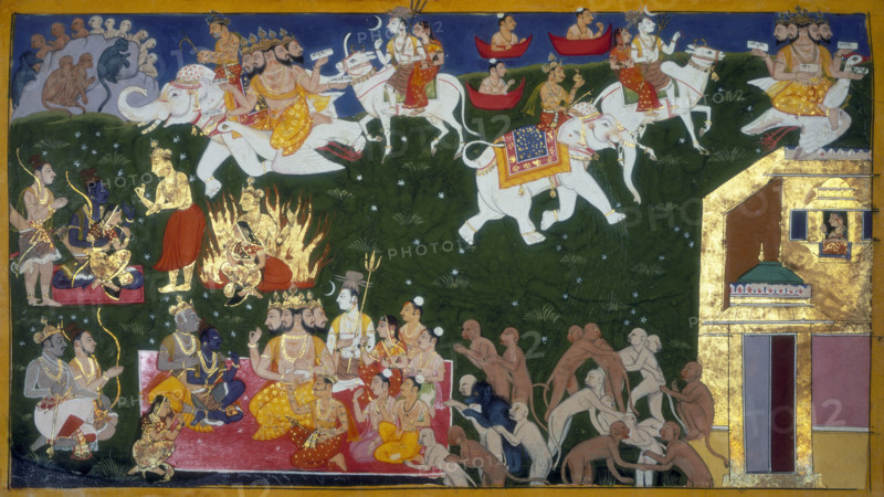 Agni Pariksha, 1652. Trial by fire. Scene from a Hindu epic, with multi-headed gods, white elephants and monkeys. With Ravana finally dead, Sita has prepared herself for seeing her husband once again. But Rama has repudiated her: she has lived in another man's house and hence it would not be fitting for him to take her back. To prove her chastity and vindicate her honour, Sita has a great fire prepared and casts herself into it. Agni the golden god of fire himself rises from the flames attesting to Sita's purity and presents her to her husband. The gods - headed by Brahma on his goose, Indra on his elephant and Siva and Parvati on the bull Nandi - come down from heaven and Rama's father, king Dasaratha, comes back from the dead, all with the same message. Rama announces that he has not doubted her for an instant, but that the trial was necessary so that the people should not doubt her either. He requests that the god Indra restore to life those monkeys who have died in the struggle. As...