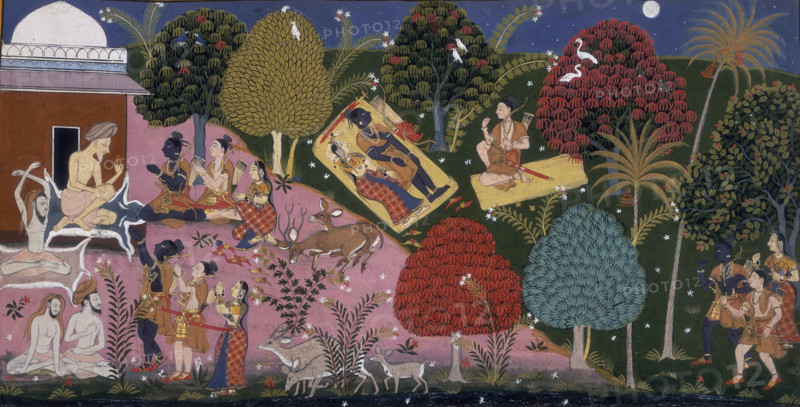 A wise man gives his blessing, 1713. At top centre, Sita, Rama and Laksmana spend the night in the forest. Sita and Rama lie on one mat, his sword and bow beside him, while Laksmana seated on his mat reproves Rama for giving way to grief. From the Sanskrit epic "Ramayana" by Valmiki.