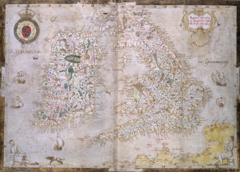 Map of Great Britain and Ireland, c1564-c1570. 'A general description of England & Irelad [sic] with ye costes adioyning [ie adjoining]'. The map also includes part of the near continent, but omits northern Scotland. From the Nowell-Burghley Atlas.