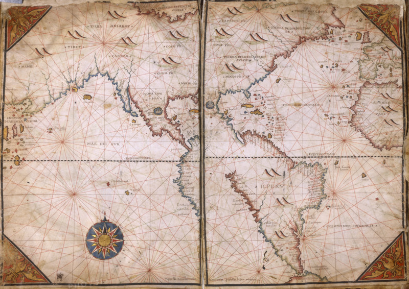 World Map, 1562. The map suggests that North America and Asia are connected to form one large landmass.