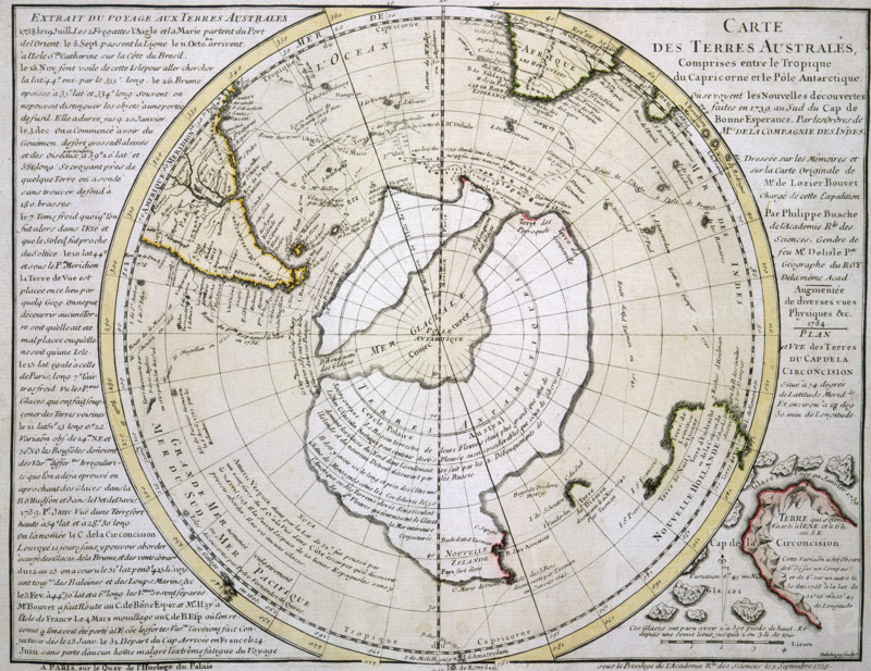 Map of Australasia and Antarctica, 1739. 'Cartes des Terres Australes, Comprises entre le Tropique du Capricorne et le Pôle Antarctique'. Maps of the Southern Lands, between the Tropic of Capricorn and the Antarctic Pole. The map shows the globe south of the Tropic of Capricorn, suggesting that the South Pole lay at the centre of a 'glacial ocean' rather than a continental landmass. The map is accompanied by text describing, in French, the expedition, commanded by Bouvet, which led to the map's production.