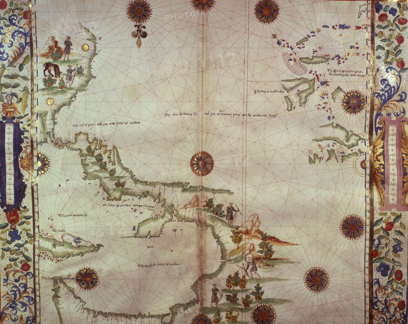 Chart of the Gulf of Mexico and the Pacific Ocean, 1542. The map is orientated 'upside down' to our modern eyes: parts of the north coast of South America - eg 'Perou' - appear at the top, and parts of the south coast of North America - eg 'The lande of Florida' - appear at the bottom. 'The Couba' (Cuba), is at far left. Native Americans are depicted engaged in hunting with bow and arrow. From "Portolano" or 'Boke of Idrography' by John Rotz (The 'Rotz Atlas'), dedicated to King Henry VIII.