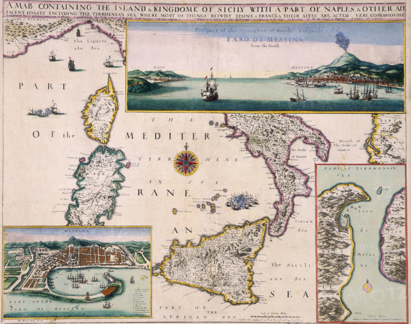 'A Map Containing the Island and Kingdome of Sicily with a Part of Naples', 1676. '...& Other Adjacent Coasts including the Tyrrhenean Sea, where most things betwixt Spaine & France & their Alyes are acted; Prospect of the Straights of Sicily vulgarly call'd Faro di Messina, from the North'. The map also shows Corsica and Sardinia, and features a view and a larger scale map of the Straits of Messina, as well as a plan of the port of Messina itself.