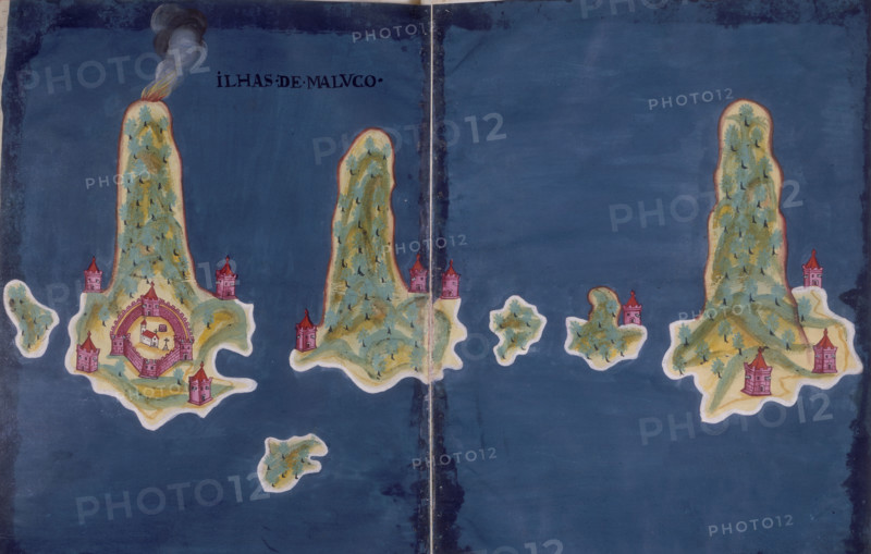'Ilhas de Maluco', a map of the islands of the Moluccas, Indonesia, 1646. Showing from left to right the islands of Hiri, Ternate, Maitara, Tidore, Mare and Makian. The perspective emphasises the height of the volcanoes which rise from the sea to form each of the islands. From "Livro do Estado da India Oriental", by Pedro Barreto de Resende.
