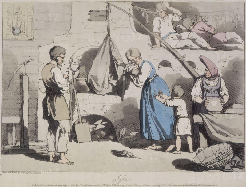 'Izba'; a Russian family, 1812. Scene inside a Russian peasant house, or izba; a child holds his arms up to a woman holding a baby. She reaches towards a contraption hung in front of the chimney breast. Two people are in a sleeping-alcove above. Another woman and a man look on. From "A Picturesque Representation of the Manners, Customs, and Amusements of the Russians", by John Augustus Atkinson and James Walker.