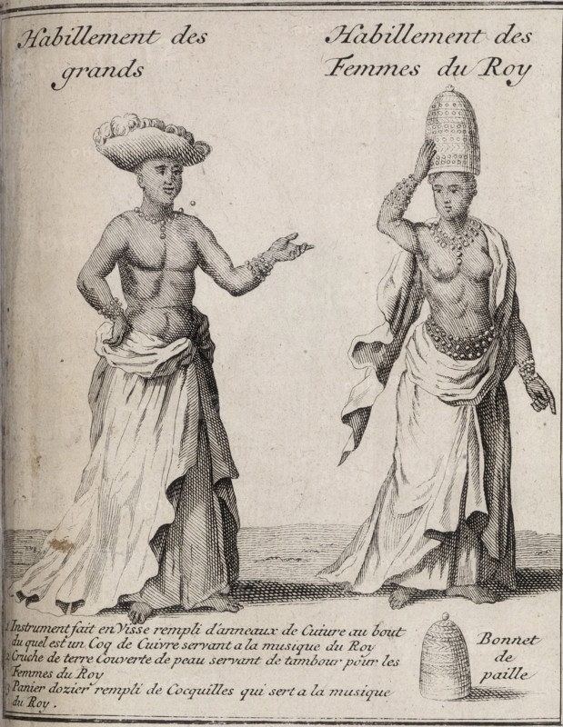 A man and woman from New Guinea, 1731. 'Habillement des grands. Habillement des Femmes du Roy. 1. Instrument fait en visse rempli d'anneaux de Cuiure au bout du quell est un Coq de Cuivre servant a la musique du Roy. 2. Cruche de terre Couverte de peau servant de tambour pour les Femmes du Roy. 3. Panier dozier rempli de Cocquilles qui sert à la musique du Roy. Bonnet de paille'. (Clothing of the nobles. Clothing of the King's Wives. 1. [screw-shaped?] Instrument filled with rings of copper at the end of which is a copper rooster [?] used for the King's music. 2. Earthenware jug covered with skin used as a drum for the King's Wives. 3. Dozier basket filled with shells used for the King's music. Straw bonnet). Both are wearing beaded necklaces and bangles.