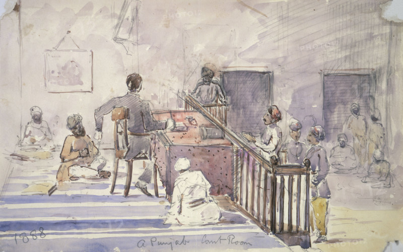 A Punjab court room, 1888. A man stands in the witness box, while a lawyer approaches the bench.