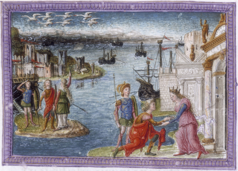 Aeneas welcomed at Carthage by Dido, c1497-c1499. Aeneas kneels before Queen Dido at the gates to the city of Carthage. Dido was finishing building the city of Carthage when Aeneas and his soldiers arrived. She and Aeneas instantly fall in love. In the background is the ruined city of Troy, from where Aeneas has come, and the Trojan fleet. From Virgil's "Aeneid".