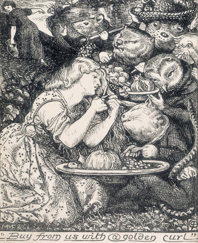 'Buy from us with a golden curl', 1862. A woman cuts a curl of her golden hair with a pair of scissors while anthropomorphic animals crowd round. They hold dishes of fruit which she will pay for with her curl. From "Goblin Market and other poems" by Christina Rossetti.