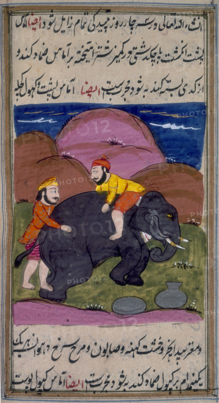 Two men treating an elephant, c1700-c1899. An elephant lying on the ground, with one man on its back, and the other behind it. From the "Filnameh" a manual of disease remedies.