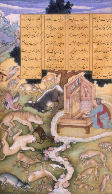 Aflatun charms the Animals by his music, 1595. Aflatun sits playing at his instrument in the middle of a small piece of land that is encircled by a river. All around him the animals lie on the ground completely taken over by the music. A section of text above Aflatun describes the scene.