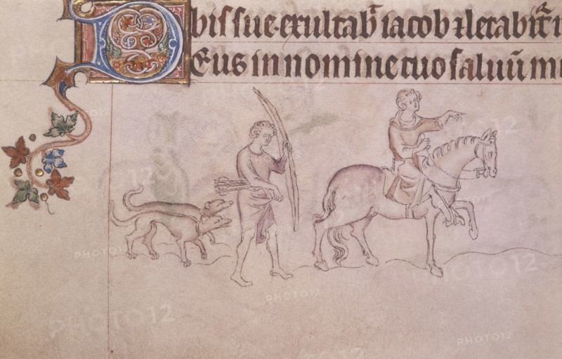A noble and serf hunting, c1300-c1325. A noble on horseback leads the way with his serf following behind carrying a bow and arrow, and two hunting dogs.