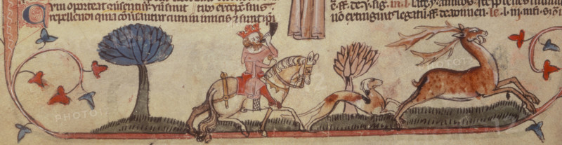 A king with his hunting dog, chasing a stag, c1300-c1325. A king riding his horse and blowing his horn. His dog runs in front of him chasing the stag. From the Smithfields Decretals.