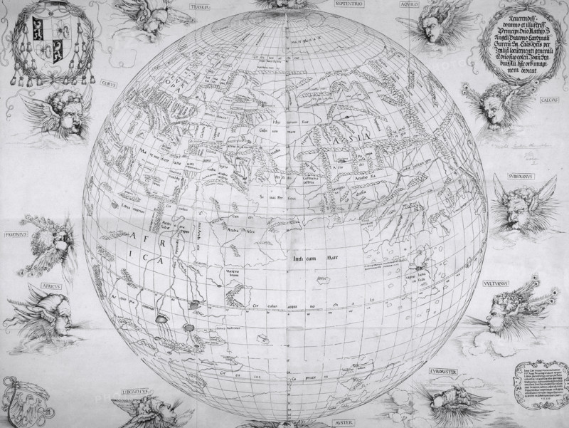 A map of the world, 1515. Depicting Europe, Asia and Africa. Rivers and mountain ranges have been included. Earth is surrounded by the various winds.