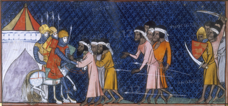 Saracens and crusaders, c1325-c1350. Treacherous attack by Saracens. From "Chroniques de France ou de Saint Denis".