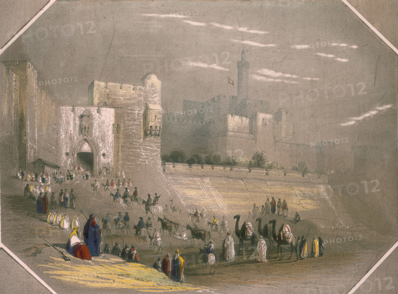People outside the city walls, Mount Zion, Jerusalem, 1844. To the right is the Anglican Cathedral Church of St James.