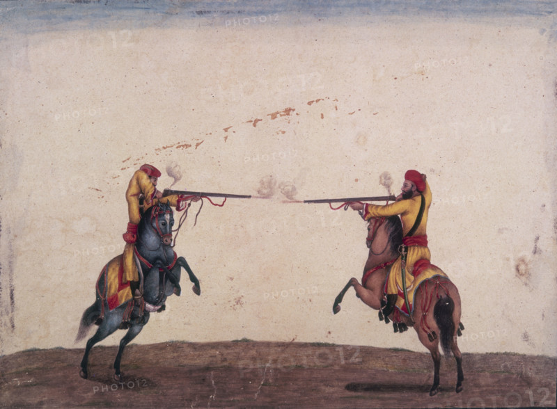 Two soldiers of Skinner's Horse cavalry unit, c1815-c1827. Their horses rear up and they take aim at each other and fire blanks. The unit became one of the most famous units in the Indian Army, and was named after its founder and leader Colonel James Skinner.