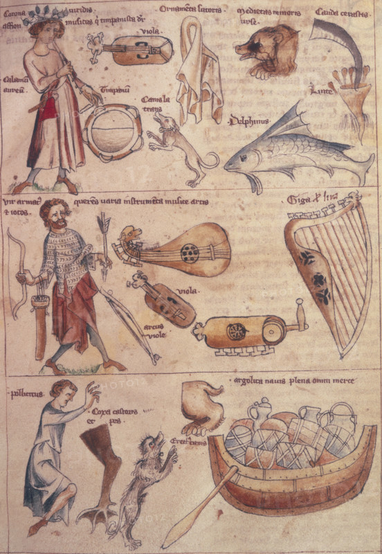 Various signs and symbols relating to astrology, second half of 14th century. Drawings include a dolphin; bear's head; man in armour with bow, arrow, and quiver; harp; hurdy-gurdy; viola; and boat with barrels and oar. From "Liber Astrologiae".