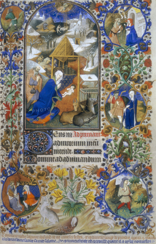 The Nativity, 1423. Mary and Joseph kneel before the baby Jesus, with the shepherds beyond. In the distance a shepherd tends to his flock. God looks down from heaven. Marginal scenes from the Christmas story, and text with decorated initial 'D'. Elaborate border comprised of intertwined flowers, with a bird among yellow lilies, and a rabbit warren. From the Hours of the Virgin at Prime, Bedford Hours, for the Duke of Bedford.