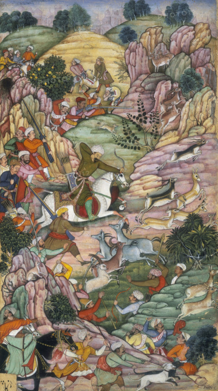 Babur hunting deer between 'Ali Shang and Alangar near Kabul, Afghanistan, 1520. Babur, riding a white horse, aims an arrow at a deer. Above him a man takes aim with a rifle from behind a rock. Others follow Babur with rifles and bows and arrows in the hunt. At bottom right a group of men have cornered the animals. Babur was the founder of the Mughal empire of India.