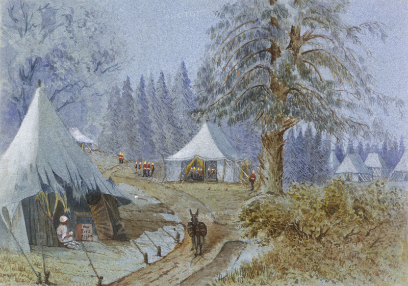 Tents pitched in the woods at Camp Gharreal, Murree, Punjab, 1870s. A servant sorts the mail in a tent in the left hand corner. Further along the path British soldiers are just visible in and around a second tent. Possibly a depiction of the British encampment, Battle of Charasiab, fought between British and Indian troops against Afghan regular forces and tribesmen on 9th October 1879 in the Second Afghan War.