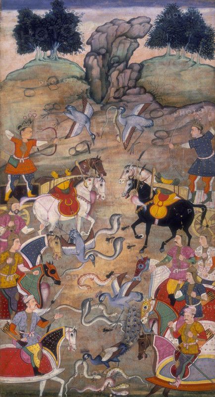 A battle between Babhruvahana, son of Arjuna, and the snakes in the nether regions, 1598. In between two lines of warriors a variety of birds, including a peacock, peck at snakes. At the top two warriors aim their bows and arrows at each other.