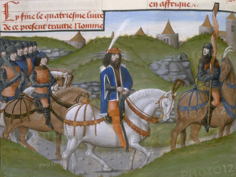 Hannibal on horseback, at the head of his troops, 1480. As leader of the Carthaginian forces, Hannibal fought the Romans during the Second Punic War (218-202 BC).