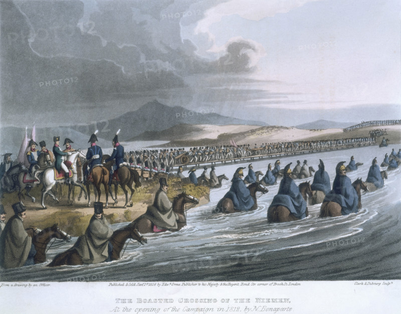 'The Boasted Crossing of the Niemen, At the opening of the Campaign in 1812, by N. Bonaparte', 1819. Napoleon's troops crossing the River Nieman, on the Russian border. Napoleon stands on the riverbank with his generals. He gathered  600,000 troops as part of his plan to invade Russia. From a drawing by 'an officer'.