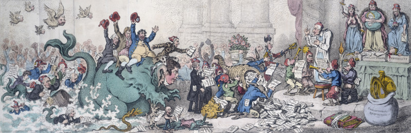 'New Morality, or the promised Installment of the High Priest of the Theophilanthropes, with the homage of Leviathan and his suite', 1798. The Leviathan has the face of the Duke of Bedford; Charles James Fox and others ride on his back, waving revolutionary caps. A 'Cornucopia of Ignorance' spews a spurious "Wrongs of Woman" and other pamphlets. 'Theophilanthropes' derived from the Theophilanthropic societies of Paris which aimed to transcend party politics, and here attracts a mixed bag of radicals. Others represented are: Robert Southey, Coleridge, Charles Lloyd, Charles Lamb, Erasmus Darwin, Joseph Priestley and Gilbert Wakefield. From the first issue of the "Anti-Jacobin Review and Magazine".