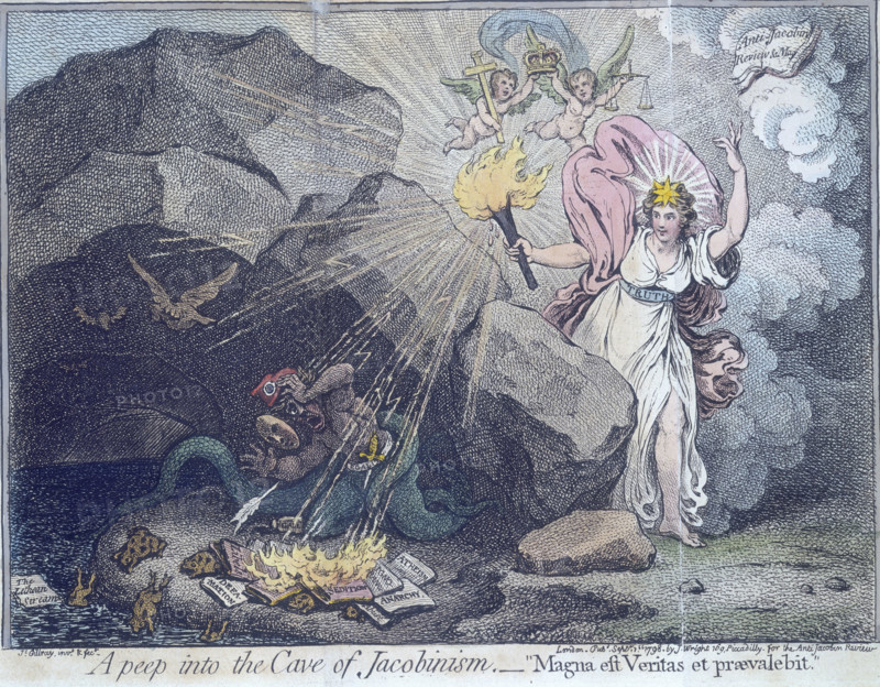 'A peep into the Cave of Jacobinism', 1798. 'Magna est Veritas et praevalebit' (truth is mighty and will prevail). Britannia, wearing the belt of 'Truth' fires flaming bolts at a monster representing the French Revolution. Above her hover cherubs holding a cross, a crown and the scales of justice. The monster recoils in fear, dropping the smiling mask. Flames engulf his reading matter, with titles such as 'Anarchy' and 'Atheism'. Frogs flee into the dark river. Frontispiece from "The Anti-Jacobin Review".
