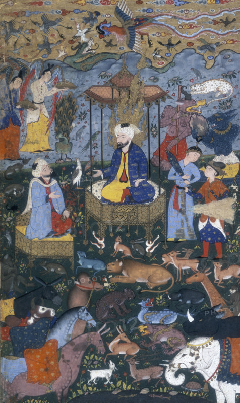 Solomon enthroned, 16th century. Opening to a copy from Shiraz of Firdawsi's epic history of Iran, the Shahnamah.
