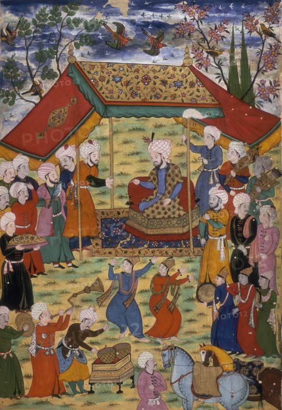 Timur receives a deputation , 1600. Timur receiving a deputation of Chaghata'i Turkomans at Balkh. Servants hold quivers of arrows and a fly switch. In the foreground are dancers and musicians. Timur was a Mongol conqueror, who waged many wars against the Persians. Miniature painting from an Indian manuscript of the Zafarnama.