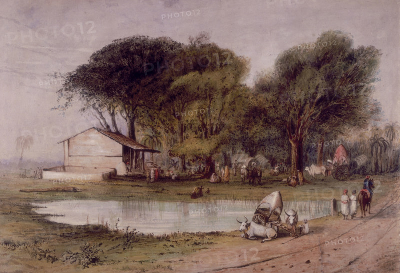 Tank and grove on Doums Road, near Surat, India, c1827-c1839. Landscape with small house and a pond. A pair of oxen rest with their owner and the cart they were pulling.
