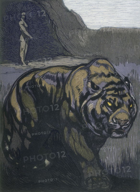 Tiger; scene from "The Jungle Book", 1919. From a French translation of "The Jungle Book" by Rudyard Kipling.