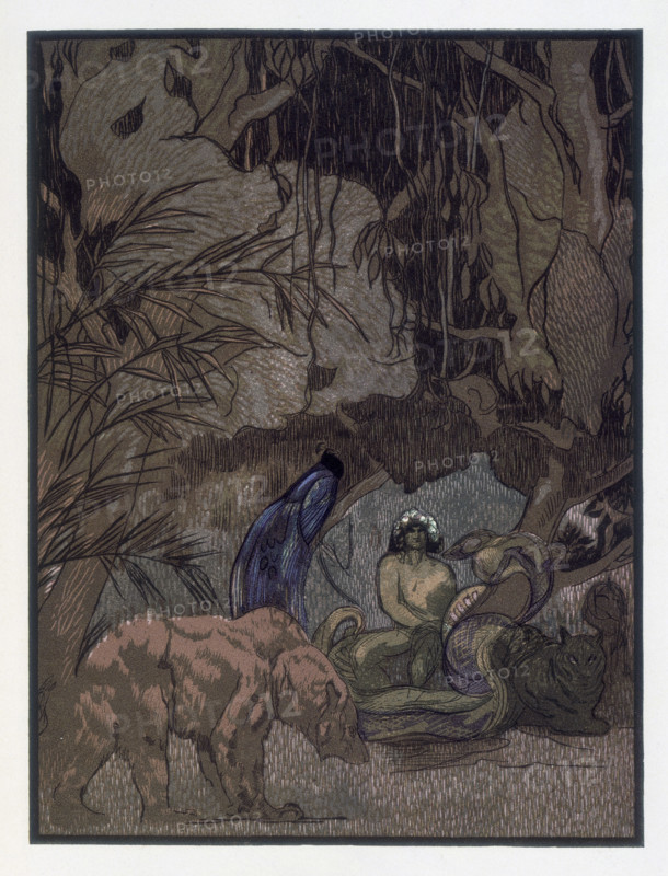 Mowgli, Baloo and other animals; scene from "The Jungle Book", 1919. From a French translation of "The Jungle Book" by Rudyard Kipling.