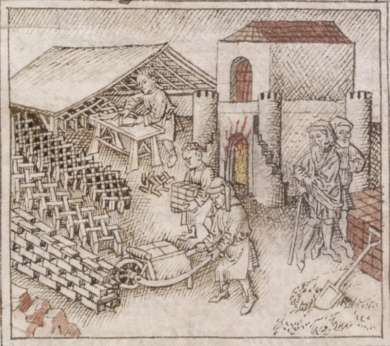 A brickyard, c1300-c1340. The bricks have been lined up into patterns. One man carries a pile of bricks in his arms, while another uses a wheelbarrow. Behind them the furnace is ablaze. A man on the right oversees them. A scene from a Dutch Bible.