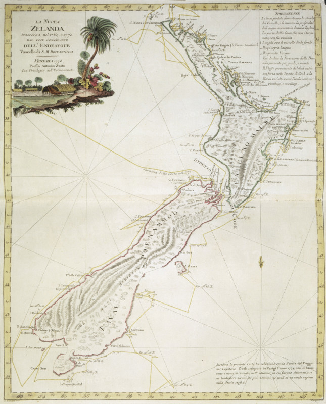 Map of New Zealand, 1778. 'La Nuova Zelanda trascorsa nel 1769 e 1770, dal Cook Comandante dell'Endeavour, Vascello di S. M. Britannica'. Venetian map of New Zealand showing the route taken by Captain Cook's ship the 'Endeavour'.