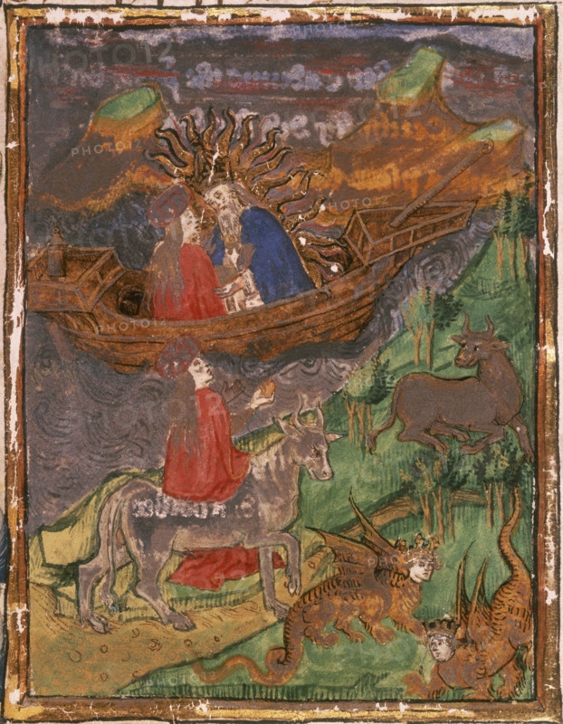 Jove, surrounded by the sun's rays, sits in boat with Europa, 1450. In the foreground, Europa is carried by the bull, and Cadmus and Hermione are turned into human-headed dragons. From "The Fall of Princes" (fragment), by John Lydgate.