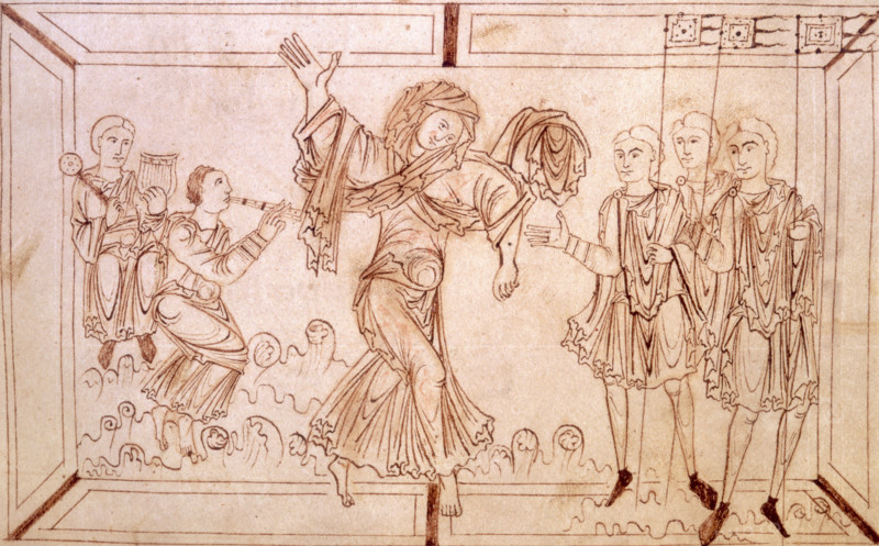 Luxuria tempting men to abandon their arms in favour of debauchery, c950-c999. She dances to the music played by the two musicians on the left. On the right are the three men she is trying to seduce.