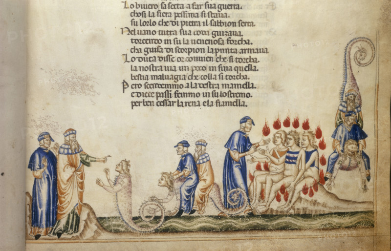 Dante and Virgil with Geryon, c1370. Left to right: Virgil, with Dante at his side, speaks to Geryon (a giant from Greek mythology); Dante and Vergil riding on Geryon; Dante with usurers; Dante and Virgil descend on Geryon's back. The Inferno, from Dante's "Divina Commedia".