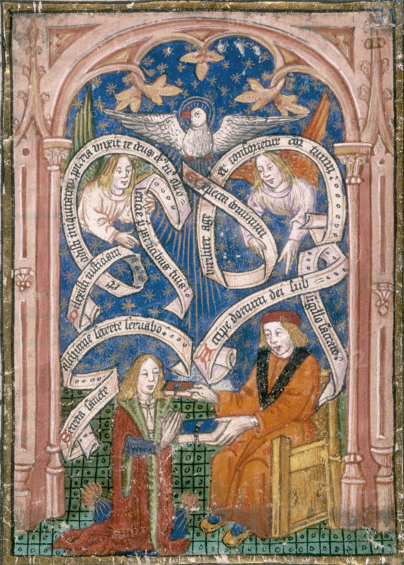 An alchemical disciple receives a book from his master, c1477. The kneeling figure probably represents Thomas Norton. From Norton's alchemical poem, "The Ordinal of Alchemy".