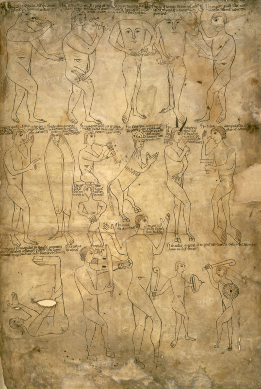 Drawings of the seventeen monstrous races, 1172. Bizarre creatures including giants, pygmies, blemmyae and donestre. Human-like beings, some with animal heads, others with hooves, faces in their chests, or enormous feet. Medieval Europeans imagined the inhabitants of distant lands must be exotic and bizarre. From the Arnstein Bible.