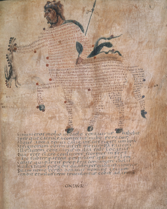 Centaur, 9th century. Mythical creature made of Latin lettering. From the "Aratea".