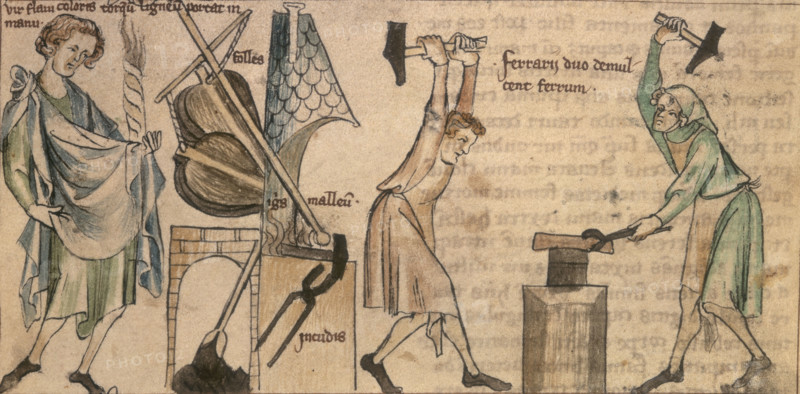 Blacksmiths at work, second half of the 14th century. From a translation of Liber Astrologiae, a Persian astrological treatise.